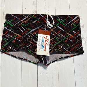 Vintage nylon Colorful Patterned Swim boy Shorts zip up pocket, NWT size 14 XS
